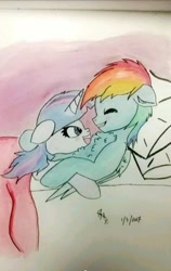 Size: 400x632 | Tagged: safe, artist:artmagic15, derpibooru import, rainbow dash, twilight sparkle, pegasus, pony, bed, chest fluff, female, fluffy, lesbian, pillow, shipping, snuggling, twidash