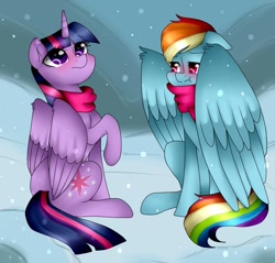Size: 914x875 | Tagged: safe, artist:thecreativerey, derpibooru import, rainbow dash, twilight sparkle, twilight sparkle (alicorn), alicorn, pegasus, pony, blushing, clothes, colored pupils, commission, floppy ears, looking up, raised hoof, scarf, scrunchy face, sitting, snow, wing fluff