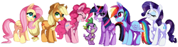 Size: 657x177 | Tagged: safe, artist:pepooni, derpibooru import, applejack, fluttershy, pinkie pie, rainbow dash, rarity, spike, twilight sparkle, twilight sparkle (alicorn), alicorn, dragon, earth pony, pegasus, pony, unicorn, female, grin, mane seven, mane six, mare, pixel art, smiling, sprite