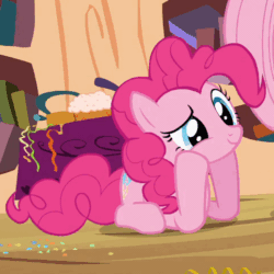 Size: 483x483 | Tagged: safe, derpibooru import, screencap, fluttershy, pinkie pie, rainbow dash, earth pony, pegasus, pony, secret of my excess, animated, cropped, cute, diapinkes, female, gif, happy, looking up, mare, ponk, prone, smiling, solo focus