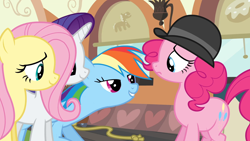 Size: 1920x1080 | Tagged: safe, derpibooru import, screencap, fluttershy, pinkie pie, rainbow dash, rarity, earth pony, pegasus, pony, unicorn, mmmystery on the friendship express, bowler hat, gas lamp, hat, lidded eyes, out of context