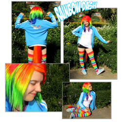 Size: 1000x1000 | Tagged: safe, artist:contugeo, rainbow dash, human, clothes, cosplay, irl, irl human, photo, rainbow socks, socks, striped socks