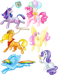 Size: 2550x3300 | Tagged: safe, artist:akstatic, derpibooru import, applejack, fluttershy, pinkie pie, rainbow dash, rarity, twilight sparkle, butterfly, earth pony, pegasus, pony, unicorn, balloon, bandana, book, bow, floating, flying, lasso, magic, mane six, mirror, mouth hold, telekinesis, then watch her balloons lift her up to the sky