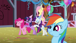 Size: 1920x1090 | Tagged: safe, derpibooru import, screencap, fluttershy, pinkie pie, rainbow dash, rarity, earth pony, pegasus, pony, unicorn, party of one, balloon, barn, butt touch, chewing, conga, eating, hat, hoof on butt, party hat