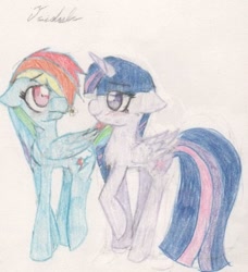 Size: 306x336 | Tagged: safe, artist:aleberle, derpibooru import, rainbow dash, twilight sparkle, twilight sparkle (alicorn), alicorn, pegasus, pony, blushing, female, flower, lesbian, shipping, simple background, traditional art, twidash, white background