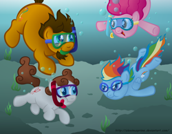 Size: 1024x795 | Tagged: safe, artist:aleximusprime, derpibooru import, pinkie pie, rainbow dash, oc, oc:alex the chubby pony, oc:dreamer, earth pony, pegasus, pony, bubble, goggles, harsher in hindsight, ponysona, snorkel, swimming, swimming goggles, underwater