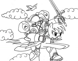 Size: 1600x1250 | Tagged: safe, rainbow dash, bird, human, cloud, cloudy, crossover, flying, marine, monochrome, riding, starcraft, sword, weapon