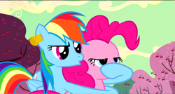 Size: 1360x730 | Tagged: safe, derpibooru import, screencap, pinkie pie, rainbow dash, earth pony, pegasus, pony, the last roundup, cherry tree, cork, hoof over mouth, lidded eyes, tree