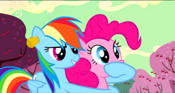 Size: 1360x730 | Tagged: safe, derpibooru import, screencap, pinkie pie, rainbow dash, earth pony, pegasus, pony, the last roundup, cherry tree, cork, ear plugs, hoof over mouth, tree