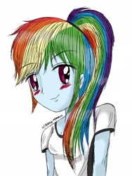 Size: 1536x2048 | Tagged: safe, artist:psshdjndofnsjdkan, derpibooru import, rainbow dash, human, blushing, humanized, solo