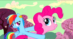 Size: 1360x730 | Tagged: safe, derpibooru import, screencap, pinkie pie, rainbow dash, earth pony, pegasus, pony, the last roundup, cherry tree, cork, ear plugs, tree