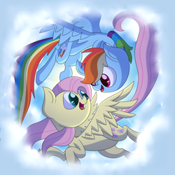 Size: 2743x2743 | Tagged: safe, artist:supercoco142, derpibooru import, fluttershy, rainbow dash, pegasus, pony, cloud, cute, dashabetes, eye contact, female, flutterdash, flying, high res, lesbian, looking at each other, open mouth, shipping, shyabetes, sky, smiling, spread wings