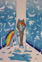 Size: 787x1157 | Tagged: safe, artist:ailynd, derpibooru import, rainbow dash, pegasus, pony, clothes, feather, hoodie, solo, spray can, traditional art