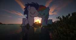 Size: 1920x1018 | Tagged: safe, artist:notjake, artist:rainbowderp98, rainbow dash, soarin', pegasus, pony, female, kissing, male, minecraft, minecraft pixel art, pixel art, shipping, soarindash, straight, sunset