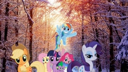 Size: 1920x1080 | Tagged: safe, artist:chanceh96, derpibooru import, applejack, fluttershy, pinkie pie, rainbow dash, rarity, spike, twilight sparkle, forest, irl, mane seven, mane six, photo, ponies in real life, pose, snow, sunlight, vector