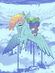 Size: 1000x1336 | Tagged: safe, artist:moo, rainbow dash, pegasus, pony, cloud, cloudy, solo, surreal