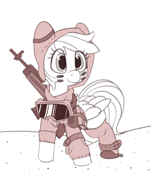 Size: 1280x1464 | Tagged: safe, artist:pabbley, derpibooru import, rainbow dash, pegasus, pony, clothes, desert, goggles, gun, hoodie, monochrome, scarf, solo, wasteland, weapon