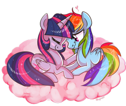 Size: 1000x839 | Tagged: safe, artist:suzuii, rainbow dash, twilight sparkle, twilight sparkle (alicorn), alicorn, pegasus, pony, blushing, cloud, female, happy, heart, lesbian, love, mare, shipping, simple background, transparent background, twidash