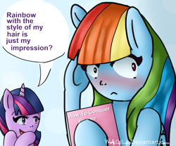 Size: 2400x2000 | Tagged: safe, artist:wolfoflife, derpibooru import, rainbow dash, twilight sparkle, pegasus, pony, alternate hairstyle, blushing, book, dialogue, embarrassed, engrish, female, lesbian, manebow sparkle, shipping, twidash