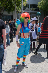 Size: 2336x3504 | Tagged: safe, rainbow dash, human, belly button, clothes, cosplay, irl, irl human, midriff, photo, rainbow socks, socks, striped socks, suspenders