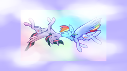 Size: 1600x900 | Tagged: safe, artist:scourgesong, derpibooru import, rainbow dash, twilight sparkle, twilight sparkle (alicorn), alicorn, pegasus, pony, cloud, female, flying, kissing, lesbian, shipping, sky, twidash