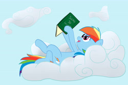 Size: 6000x4000 | Tagged: safe, artist:savtikah, derpibooru import, rainbow dash, pegasus, pony, absurd resolution, cloud, daring do and the ring of destiny, on a cloud, reading, solo