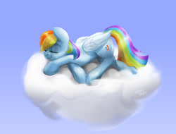 Size: 1230x936 | Tagged: safe, artist:hardbrony, derpibooru import, rainbow dash, pegasus, pony, backwards cutie mark, cloud, crossed hooves, eyes closed, on a cloud, prone, sky, sleeping, smiling, solo