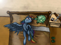 Size: 1052x770 | Tagged: safe, artist:athlete-grizzle, derpibooru import, rainbow dash, tank, pegasus, pony, bed, on back