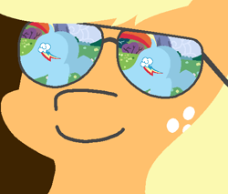 Size: 502x428 | Tagged: safe, artist:threetwotwo32232, derpibooru import, applejack, rainbow dash, earth pony, pegasus, pony, appledash, dock, female, glasses, lesbian, looking at her butt, plot, reflection, shipping