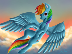 Size: 1400x1050 | Tagged: safe, artist:faline-art, derpibooru import, rainbow dash, pegasus, pony, cloud, flying, solo, sunset, wings