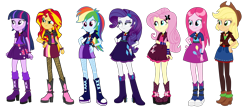 Size: 3900x1700 | Tagged: safe, artist:mixiepie, derpibooru import, applejack, fluttershy, pinkie pie, rainbow dash, rarity, sunset shimmer, twilight sparkle, equestria girls, alternate universe, boots, bracelet, clothes, cowboy hat, denim skirt, fishnet stockings, hat, high heel boots, high heels, humane seven, leg warmers, pinkamena diane pie, simple background, skirt, stetson, transparent background