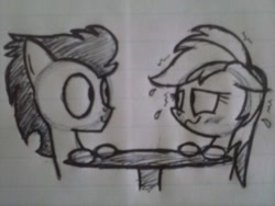 Size: 2048x1536 | Tagged: safe, artist:cross, rainbow dash, soarin', pegasus, pony, blushing, date, female, male, monochrome, nervous, plewds, shaking, shipping, smiling, soarindash, straight, sweat, traditional art, wavy mouth