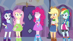 Size: 1920x1080 | Tagged: safe, derpibooru import, screencap, applejack, fluttershy, pinkie pie, rainbow dash, rarity, equestria girls, faic, grin, humane five, irrational exuberance, squee