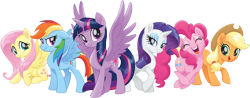 Size: 1838x722 | Tagged: safe, derpibooru import, applejack, fluttershy, pinkie pie, rainbow dash, rarity, twilight sparkle, twilight sparkle (alicorn), alicorn, earth pony, pegasus, pony, unicorn, my little pony: the movie, cowboy hat, eyes closed, freckles, hat, mane six, raised hoof, sitting, stetson