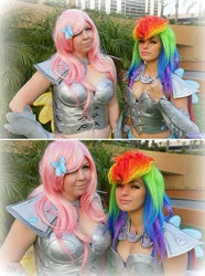 Size: 652x877 | Tagged: safe, artist:flyawayskyx3, artist:ladymella, fluttershy, rainbow dash, human, the crystal empire, armor, armor skirt, clothes, cosplay, crystal guard armor, irl, irl human, photo, skirt