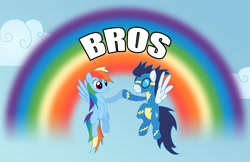 Size: 1063x690 | Tagged: artist needed, safe, rainbow dash, soarin', pegasus, pony, flying, hoofbump, rainbow, smiling