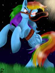 Size: 512x680 | Tagged: safe, artist:hershy-kisses, rainbow dash, pegasus, pony, bound wings, bridle, grass, rope, solo, stars