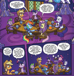 Size: 971x991 | Tagged: safe, artist:tonyfleecs, derpibooru import, idw, applejack, fluttershy, pinkie pie, rainbow dash, rarity, spike, twilight sparkle, twilight sparkle (alicorn), alicorn, dragon, earth pony, pegasus, pony, unicorn, from the shadows, spoiler:comic, spoiler:comic51, comic, cropped, female, food, male, mane seven, mane six, mare, official comic, speech bubble, table, twilight's castle