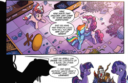 Size: 1016x659 | Tagged: safe, artist:tonyfleecs, derpibooru import, idw, cauldron bubbles, pinkie pie, rainbow dash, rarity, twilight sparkle, twilight sparkle (alicorn), alicorn, earth pony, pegasus, pony, unicorn, from the shadows, spoiler:comic, spoiler:comic51, candy, candy store, comic, cropped, female, food, mare, official comic, speech bubble