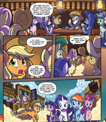 Size: 986x1142 | Tagged: safe, artist:tonyfleecs, derpibooru import, idw, applejack, fluttershy, pinkie pie, rainbow dash, rarity, twilight sparkle, twilight sparkle (alicorn), alicorn, earth pony, pegasus, pony, unicorn, from the shadows, spoiler:comic, spoiler:comic51, beard, comic, cowboy hat, facial hair, female, hat, male, mane six, mare, official comic, speech bubble, stallion