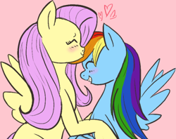 Size: 540x428 | Tagged: safe, artist:rarijack-countrycouture, derpibooru import, fluttershy, rainbow dash, pegasus, pony, female, flutterdash, kissing, lesbian, shipping