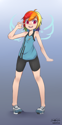 Size: 1063x2129 | Tagged: safe, artist:inkintime, derpibooru import, rainbow dash, human, clothes, compression shorts, humanized, open mouth, shoes, shorts, sneakers, solo, sporty style, tanktop, teenager