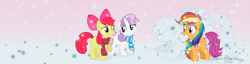 Size: 1145x291 | Tagged: safe, artist:brianblackberry, apple bloom, rainbow dash, scootaloo, sweetie belle, pegasus, pony, cutie mark crusaders, snow, snowfall, snowpony