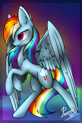 Size: 1024x1536 | Tagged: safe, artist:pxoenix2014, rainbow dash, pegasus, pony, ear fluff, rearing, smirk, solo, spread wings, stars