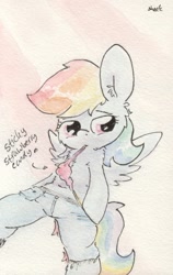 Size: 670x1062 | Tagged: safe, artist:slightlyshade, rainbow dash, pegasus, pony, candy, clothes, jeans, solo, traditional art