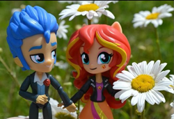 Size: 579x396 | Tagged: safe, artist:natsumiol, flash sentry, sunset shimmer, equestria girls, doll, equestria girls minis, eqventures of the minis, female, flashimmer, flower, male, photo, shipping, straight, toy