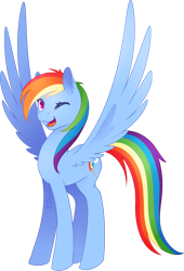 Size: 932x1368 | Tagged: safe, artist:nekiw, rainbow dash, pegasus, pony, happy, one eye closed, simple background, smiling, solo, spread wings, transparent background, wings, wink