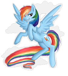 Size: 3570x3958 | Tagged: safe, artist:bumblebun, rainbow dash, pegasus, pony, cloud, cloudy, flying, grin, looking at you, simple background, smirk, solo, spread wings, transparent background