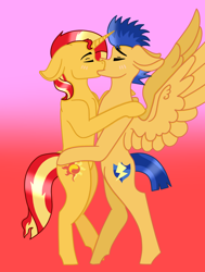 Size: 1024x1353 | Tagged: safe, artist:lightningbolt39, flash sentry, sunset shimmer, pony, unicorn, female, flashimmer, kissing, male, shipping, straight