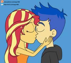 Size: 3588x3180 | Tagged: safe, artist:eagc7, flash sentry, sunset shimmer, equestria girls, clothes, commission, female, flashimmer, kissing, ko-fi, male, patreon, shipping, simple background, sleeveless, straight, tanktop